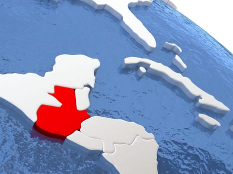 Map of Guatemala on globe with metallic land and realistic water. 3D illustration
