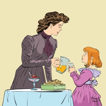 Aristocrat mother pouring her daughter a juice, hand drawn illustration