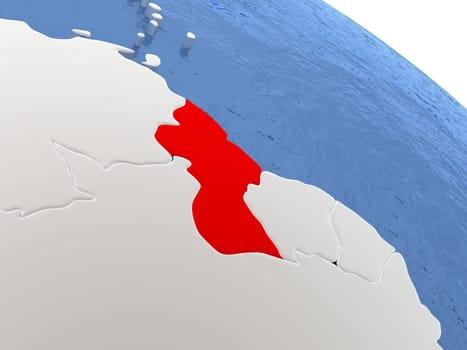 Map of Guyana on globe with metallic land and realistic water. 3D illustration