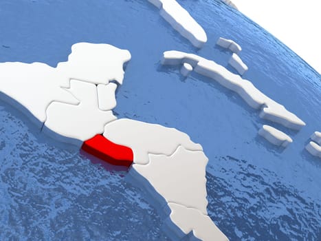 Map of El Salvador on globe with metallic land and realistic water. 3D illustration