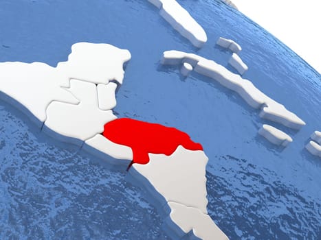 Map of Honduras on globe with metallic land and realistic water. 3D illustration
