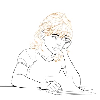 young woman writes a letter, line art vector illustration. Writer, poet, literature