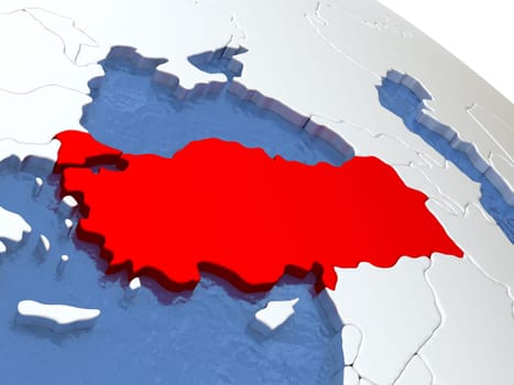 Map of Turkey on globe with metallic land and realistic water. 3D illustration
