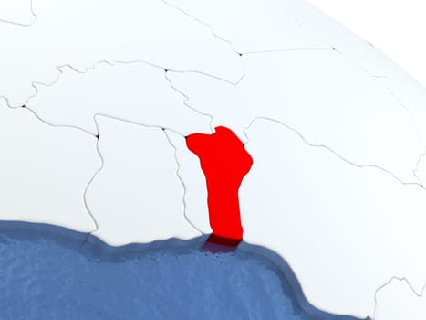 Map of Benin on globe with metallic land and realistic water. 3D illustration