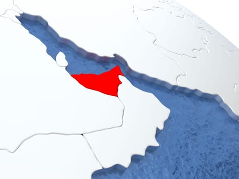 Map of United Arab Emirates on globe with metallic land and realistic water. 3D illustration