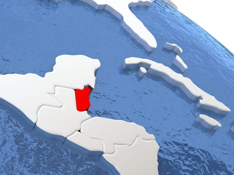 Map of Belize on globe with metallic land and realistic water. 3D illustration