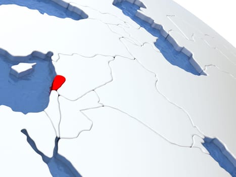 Map of Lebanon on globe with metallic land and realistic water. 3D illustration