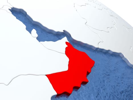 Map of Oman on globe with metallic land and realistic water. 3D illustration