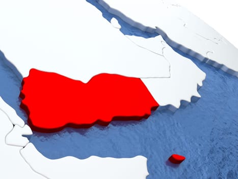Map of Yemen on globe with metallic land and realistic water. 3D illustration