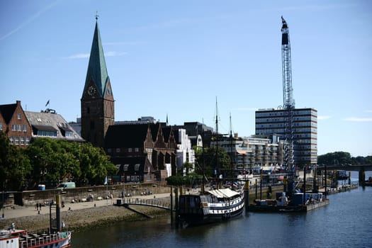 Bremen,Germany - August 30,2016: The Pannekoeken Schip Admiral Nelson,the replica of a frigate on the banks of the Weser on August 30,2016 in Bremen.