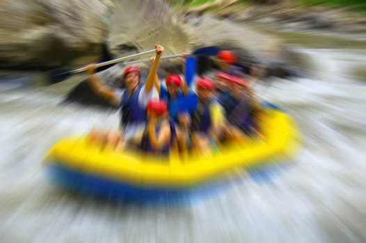 Rafting in the canyon on Balis mountain river Ayung at Indonesia, blurred in postproduction