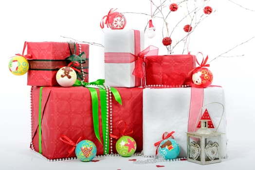 the Christmas gift boxes with boot of Santa Claus