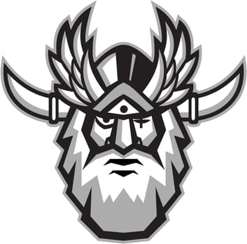 Illustration of a head of Norse mythology god, Odin with beard, hat and blind on one eye viewed from front set on isolated white background done in retro style.