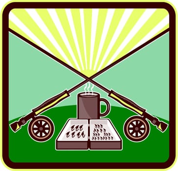 Illustration of a fly box, mug with crossed fly rods on wheels set inside rectangle shape with sunburst in the background done in retro style.