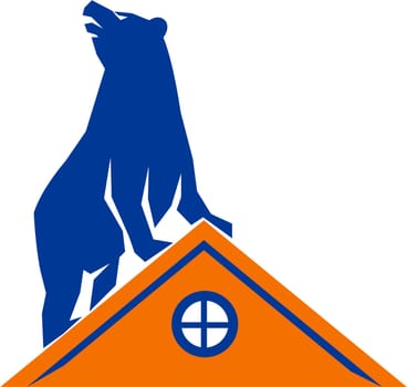 Illustration of a bear on top of roof looking up to the side viewed from front set on isolated white background done in retro style.