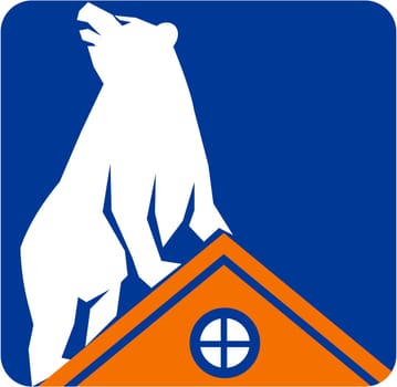 Illustration of a bear on top of roof looking up to the side viewed from front set inside rectangle shape on isolated background done in retro style.
