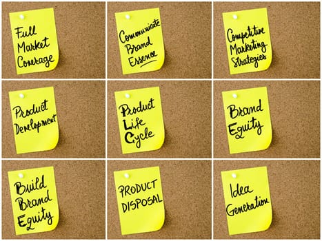 Photo collage of Business and Marketing notes written on yellow paper post-it pinned on cork board with white thumbtack. Business concept image with copy space available