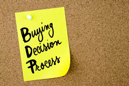Buying Decision Process text written on yellow paper note pinned on cork board with white thumbtack. Business concept image with copy space available