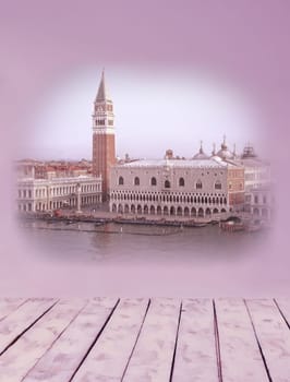 Collage of images of Venice in pink and lilac shades and retro stile. Venice, Italy, Europe