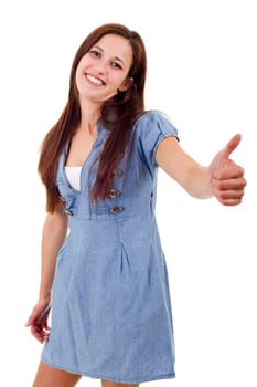 Portrait of cute teen girl showing thumbs up, isolated on white background