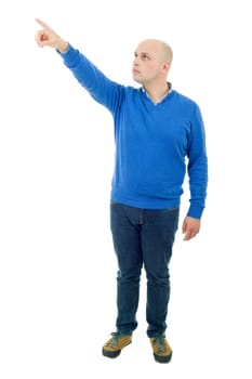 young casual man full body, pointing, isolated on a white background