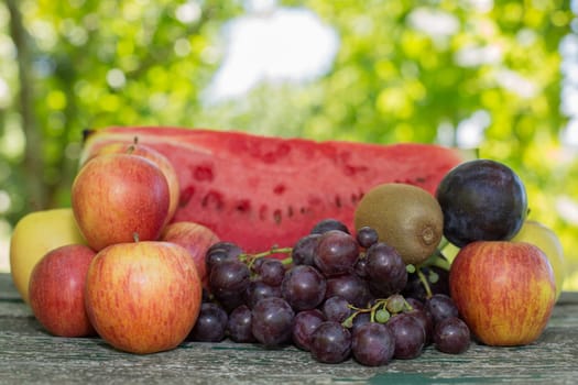 fruits in wooden table, outdoor