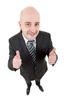 young businessman full body going thumbs up, isolated on white background
