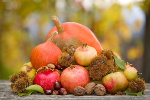 Fresh autumn fruits,on a wooden table