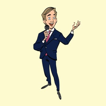 broadcaster, journalist or singer with microphone, hand drawn line art illustration. Shows and TV