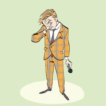 Facepalm, journalist interview, hand drawn line art illustration