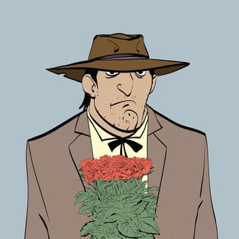 Retro male Hispanic with a bouquet of flowers, hand drawn line art illustration. Latin gentleman