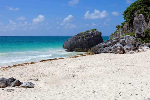 White sand Caribbean beach near Tulum ruins in Mexico