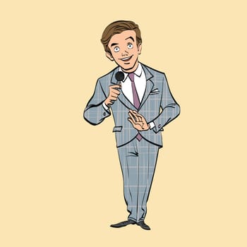 broadcaster, journalist or singer with microphone, hand drawn line art illustration. Shows and TV