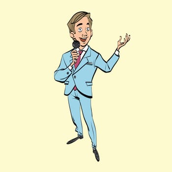 broadcaster, journalist or singer with microphone, hand drawn line art illustration. Shows and TV