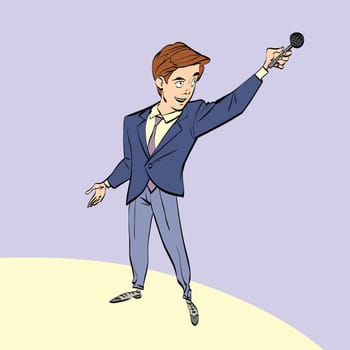 broadcaster, journalist or singer with microphone, hand drawn line art illustration. Shows and TV