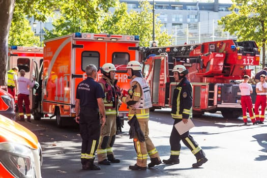 Gerlin, Germany - Sept 19: Big coordinated intervention of paramedics, police, and firefighters when chemistry accident happened in school in Kreuzberg on 19th of September ,2016 in Berlin, Germany.