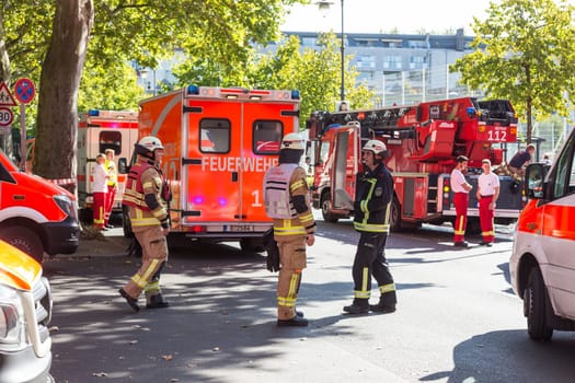 Gerlin, Germany - Sept 19: Big coordinated intervention of paramedics, police, and firefighters when chemistry accident happened in school in Kreuzberg on 19th of September ,2016 in Berlin, Germany.