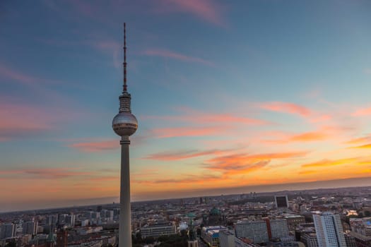 Panoramic view over Berlin at dusk from roof of the Hotel Park Inn Berlin.