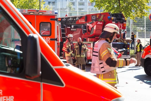 Gerlin, Germany - Sept 19: Big coordinated intervention of paramedics, police, and firefighters when chemistry accident happened in school in Kreuzberg on 19th of September ,2016 in Berlin, Germany.