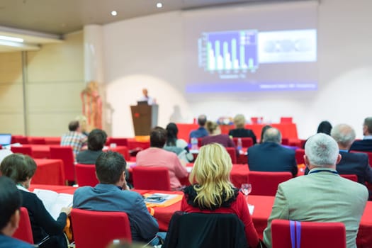 Speaker Giving a Talk at Business Meeting. Audience in the conference hall. Business and Entrepreneurship. Focus on unrecognizable people from rear.