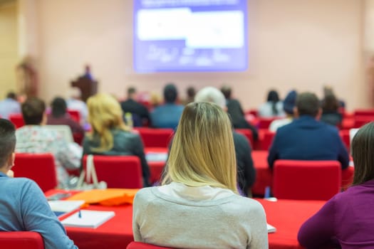 Speaker Giving a Talk at Business Meeting. Audience in the conference hall. Business and Entrepreneurship. Focus on unrecognizable people from rear.