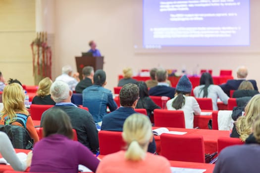 Speaker Giving a Talk at Business Meeting. Audience in the conference hall. Business and Entrepreneurship. Focus on unrecognizable people from rear.