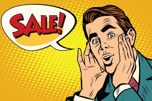 Wow man sale pop art illustration, retro vector. Business and holiday discounts