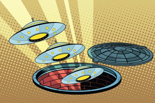 UFOs fly out of the sewers, pop art retro vector illustration