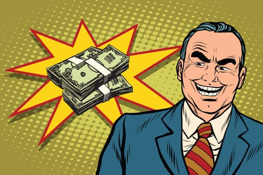 Boss businessman laughs, have a lot of money, pop art retro vector illustration