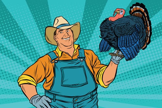 Rural retro farmer with a beautiful living Turkey, pop art vector illustration. Seasonal holiday thanksgiving. Farm bird