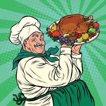 Chef with a dish roast Turkey, pop art retro vector illustration. Christmas or thanksgiving holiday dinner