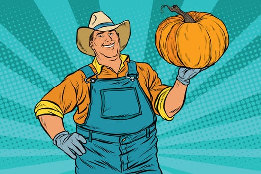 Rural farmer and pumpkin, holiday thanksgiving, pop art retro vector illustration