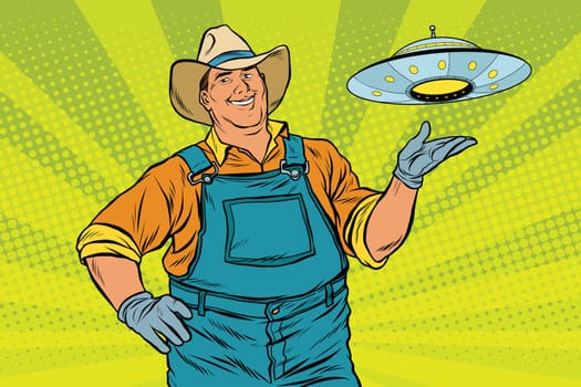 Rural farmer and UFO, pop art retro vector illustration. legends and myths