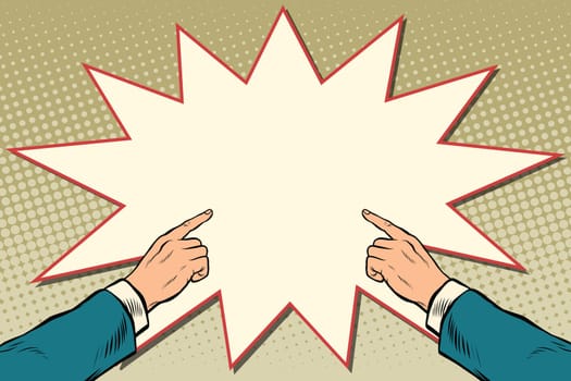 Retro hand pointing to the center, pop art vector illustration